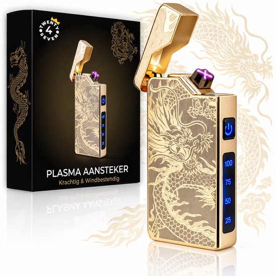 Gouden plasma aansteker met drakenmotief, naast de zwarte verpakking.