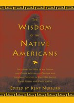 Boekcover met de titel 'The Wisdom of the Native Americans', met een afbeelding van een Native American in traditionele kleding tegen een rode achtergrond.