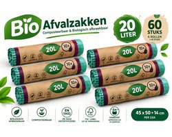 Bio Afvalzakken 20 Liter met Handvat – 6 Rollen – 60 Stuks – 45 x 50 + 14 cm – EN 13432 Gecertificeerd – Composteerbare GFT Zakjes – FSC**