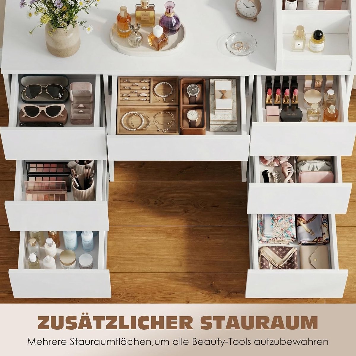 Make-uptafel met Spiegel en LED Verlichting – Medahomestore Kaptafel met 7 Laden en 4 Open Vakken – Verstelbare Helderheid – 3 Lichtkleuren – 110 x 40 x 139 cm – Porselein Wit