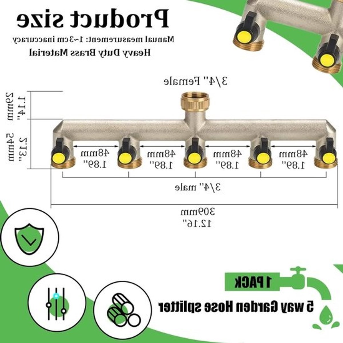 5-weg tuinslangsplitter voor buiten - messing - 3/4" adapter - aan/uit-functie