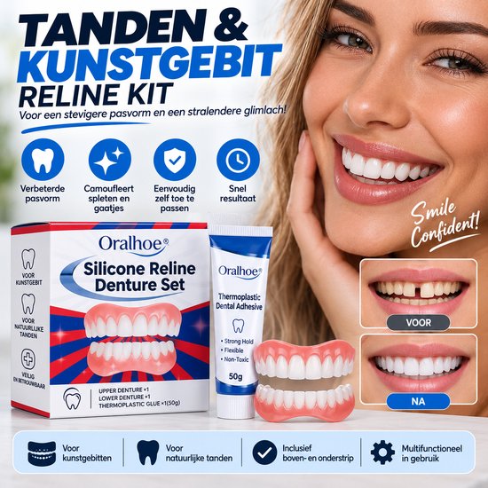 Een vrouw lacht met een stralende witte glimlach. De kit bevat een kunstgebit, een tube lijm en de verpakking met de tekst 'TANDEN & KUNSTGEBIT RELINE KIT'.