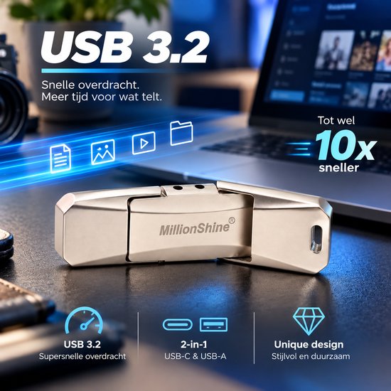 Zilveren MillionShine USB-stick met een uniek, stijlvol metalen design. USB 3.2 voor snelle overdracht.
