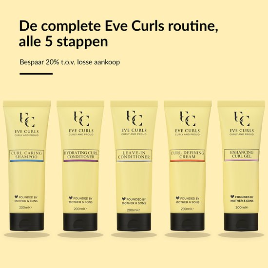 Vijf gele flessen van Eve Curls met de producten Curl Caring Shampoo, Hydrating Curl Conditioner, Leave-In Conditioner, Curl Defining Cream en Enhancing Curl Gel.