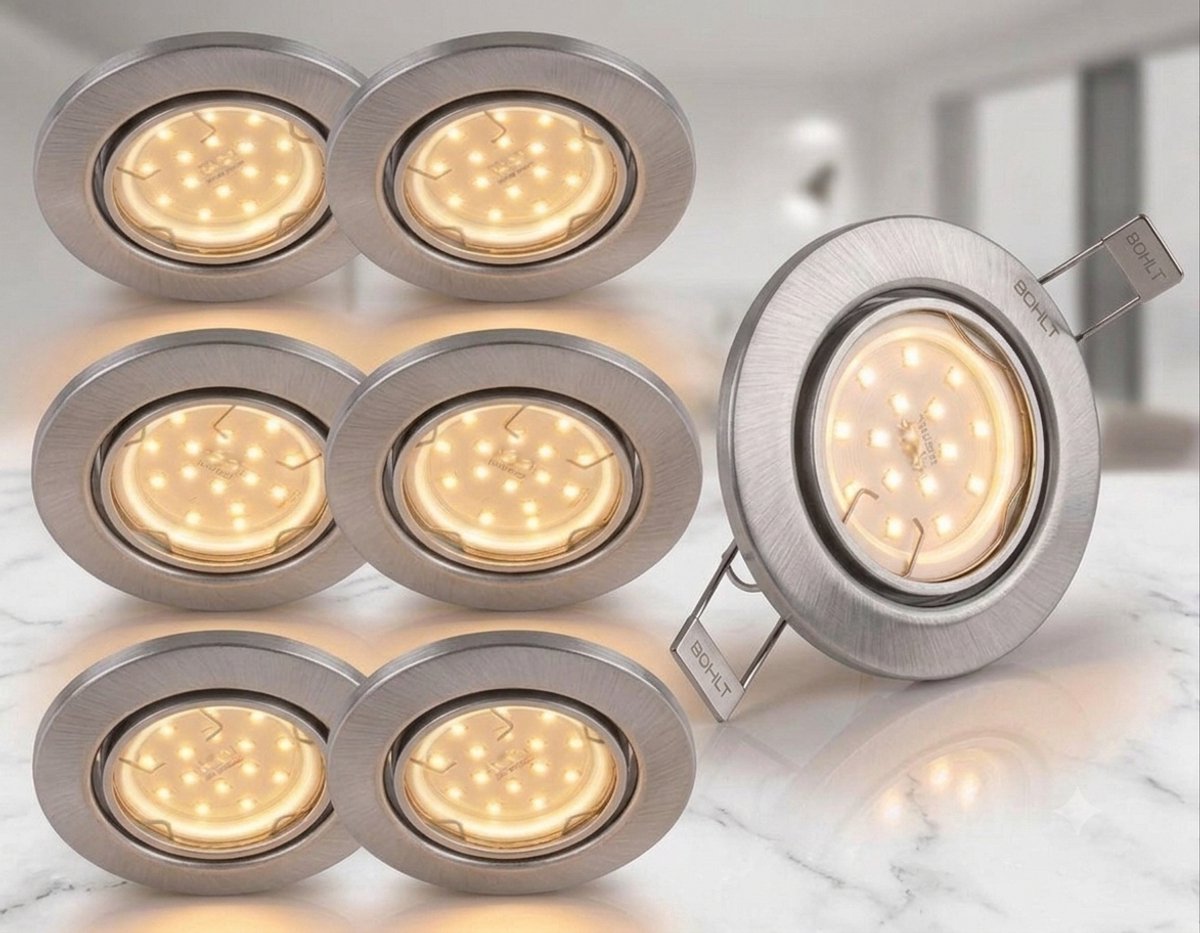 Trango Set van 6 LED plafondspots 6729-069GUSDAK in ALU geborsteld rond incl. 6x 5 Watt 3-traps dimbaar GU10 LED lamp 3000K warm wit Inbouwspot, plafondlamp