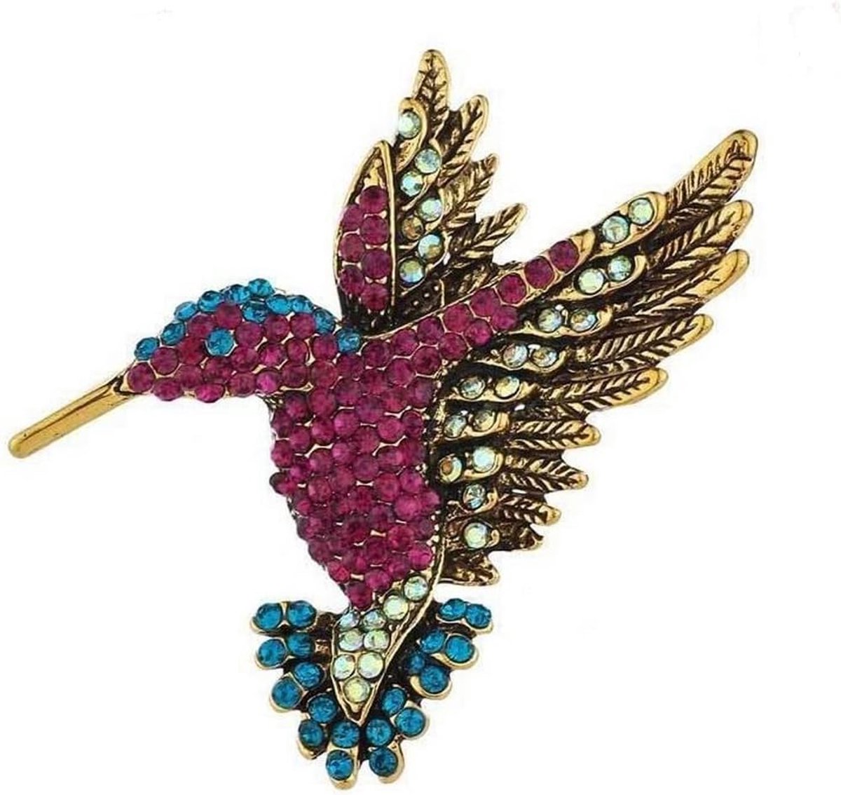 Vogel kolibrie broche veelkleurig roestvrij staal en strass kristal