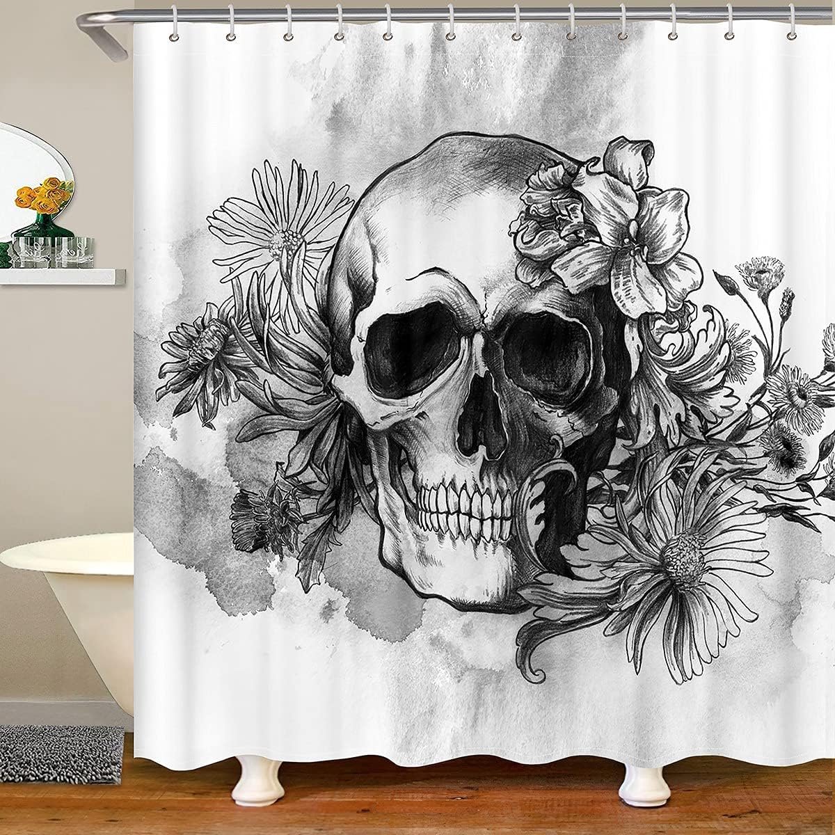 Douchegordijn Menselijke Schedel Bloemenprint Waterdichte Badkamergordijnen met 12 Haken voor Bad Gothic Doodskop Badgordijnen voor Kinderen Tieners, 183 cm B x 84 inch L