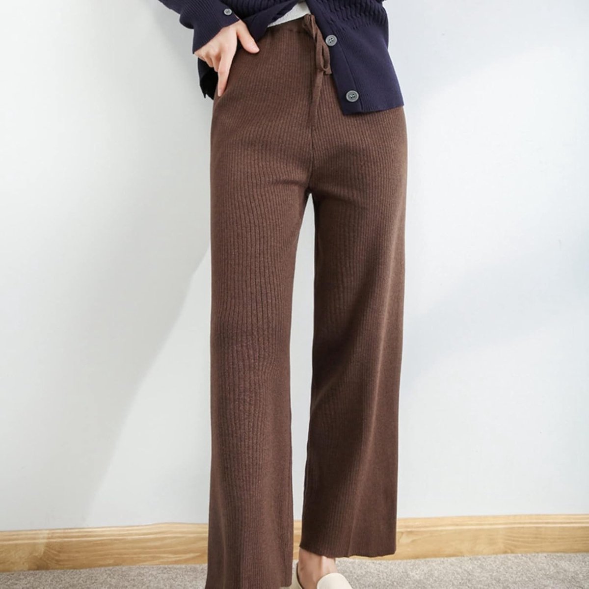 Broeken - Modieus Warm Dames Rechte Pijpen Broeken Stretch Gebreid Bruin Stretch Vintage Hoge Taille Losse Wijde Pijpen Broeken Dames Streetwear Kerstmis Nieuwjaar Geschenken,Kof