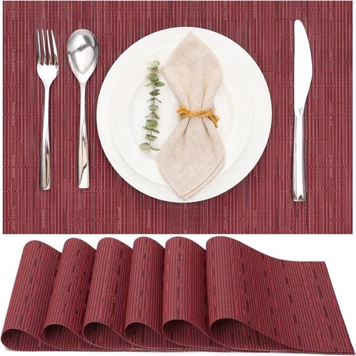 Krasbestendige Placemats - Geweven Vinyl Set van 6 - Rood - Wasbaar en Antislip