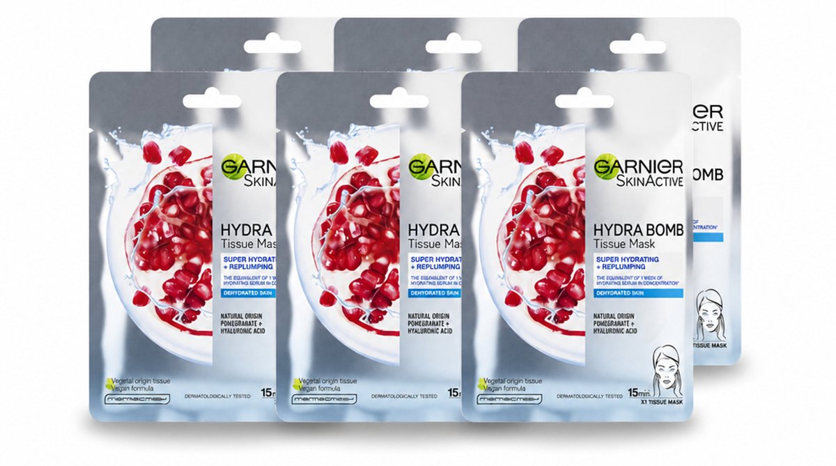 6 x Garnier - SkinActive - Hydra Bomb Sheet Mask - Granaatappel - Gezichtsmasker - 1 Gezichtsreinigingsmiddel - Voordeelverpakking - 6 stuks