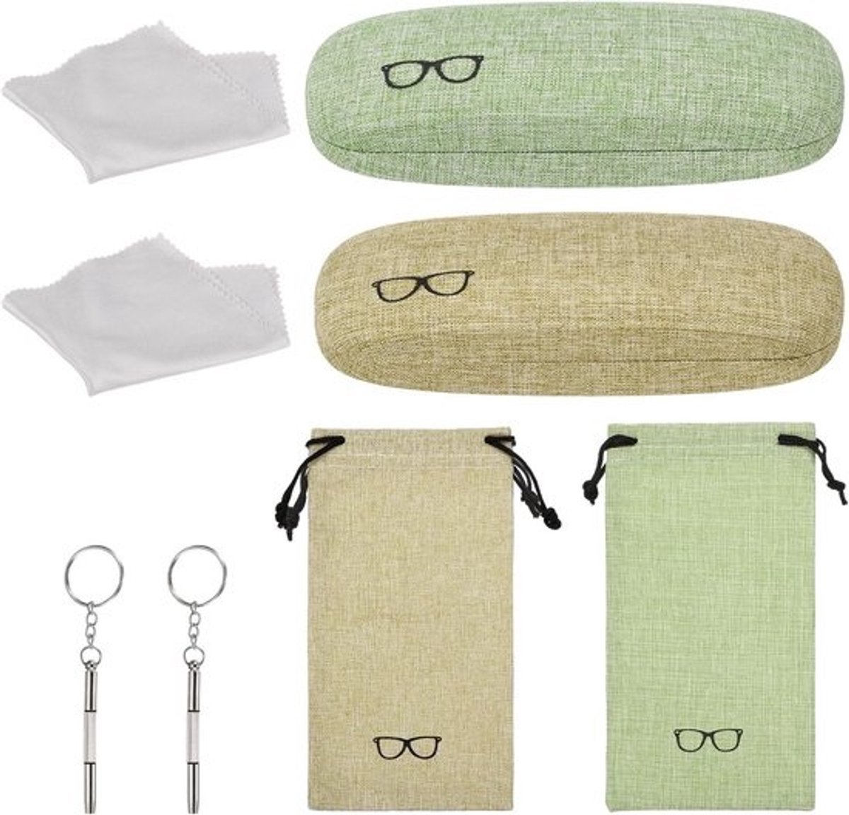 Brillenkoker Set van Linnen Stof met Opbergtas en Zachte Doek voor Mannen en Vrouwen - Perfecte Organizer in Silky Lime en Bruin