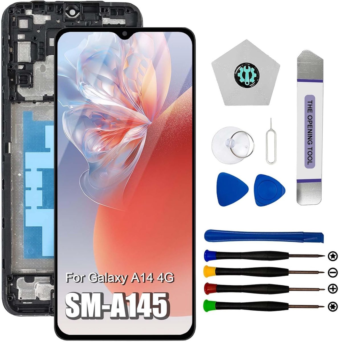 Scherm voor Samsung Galaxy A14 4G, vervangend scherm voor Samsung A14 LCD touchscreen SM-A145F SM-A145F/DSN SM-A145M SM-A145M/DS SM-A145P SM-A145R digitizer met frame (met reparatiegereedschap)