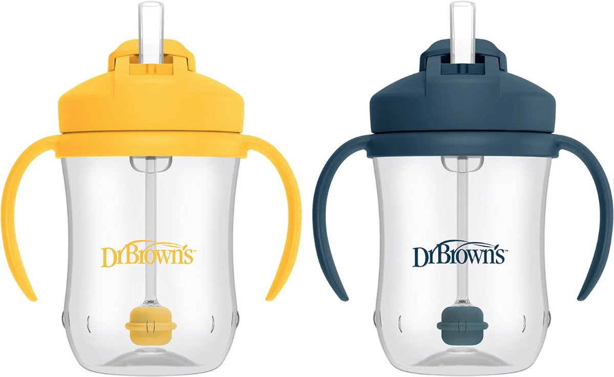 Dr. Brown's Milestones Geïsoleerde Rietjesbeker 300 ml (Blauwe/Geel) – Lekvrije Drinkbeker met Handgrepen, Schuifdeksel & Zacht Siliconen Rietje – BPA-vrij
