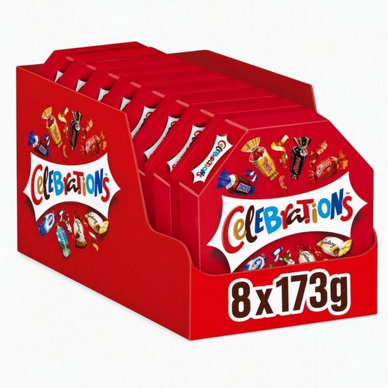 Displaydoos met 8 verpakkingen Celebrations-chocolade van elk 173g.