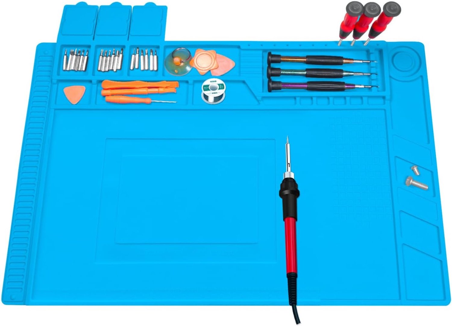 Soldeermat voor werkbank - Siliconen reparatiemat voor elektronica - Werkmat voor kleine onderdelen - Hitteschild tijdens soldeerwerk - Magnetische vakken voor schroeven - Afwasbaar antislip en flexibel - Blauw - 40 x 40 cm