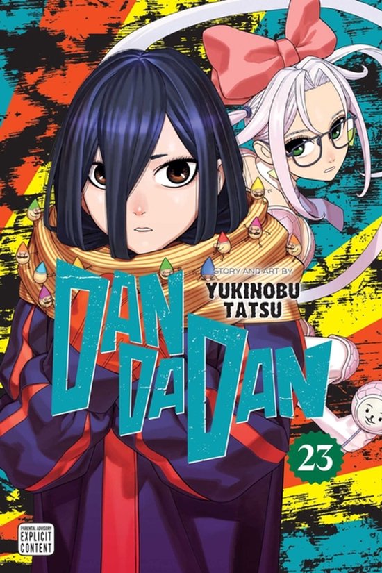 Manga Dandadan deel 23 met twee personages in anime-stijl op een kleurrijke, abstracte achtergrond.