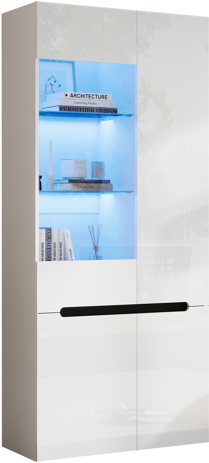 Welltin Vitrinekast 80 x 35 x 180 cm - 4 glazen deuren - 8 vakken - LED-verlichting - Hoogglans - Wit