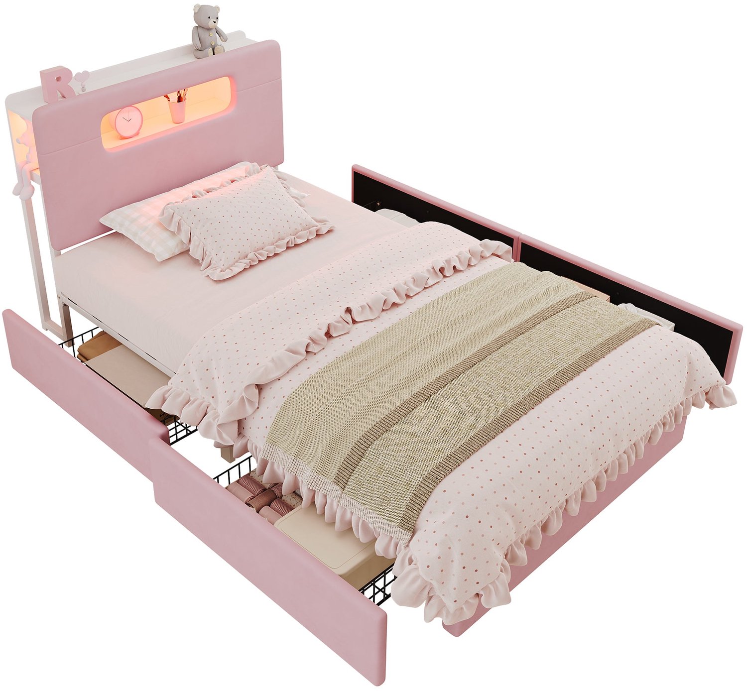 Merax Kinderbed 90 x 200 cm - Gestoffeerd Bed - Fluweel - 4 Opbergladen - LED Verlichting - Opbergruimte - Roze