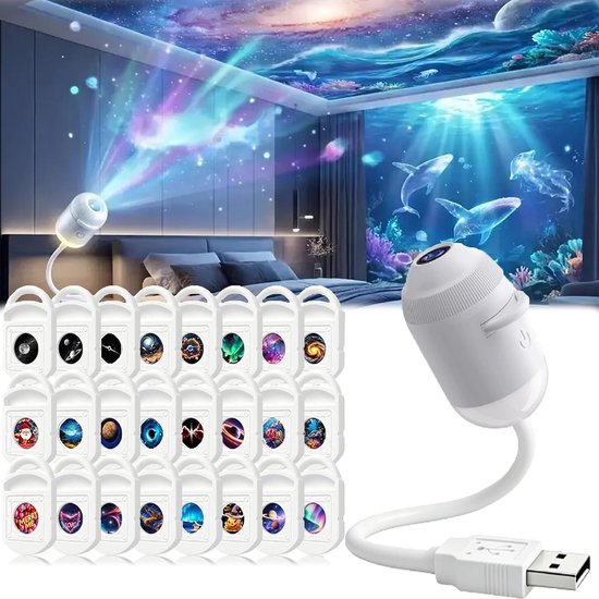 24-in-1 Galaxy Projector- Nachtlampje, 24 patronen - Dimbare LED - met 360° Rotatie en USB - Melkweg & heelal effecten – Projectorlamp - Plug and Play - Sterren projector - Projectielamp voor kamperen, auto, plafond en wanddecoratie