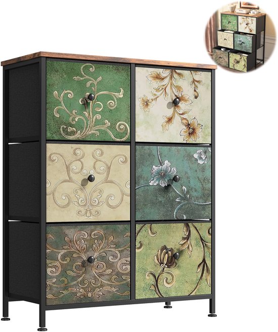 Vintage ladekast met zes laden met unieke bloem- en rankmotieven, houten blad en zwart metalen frame.