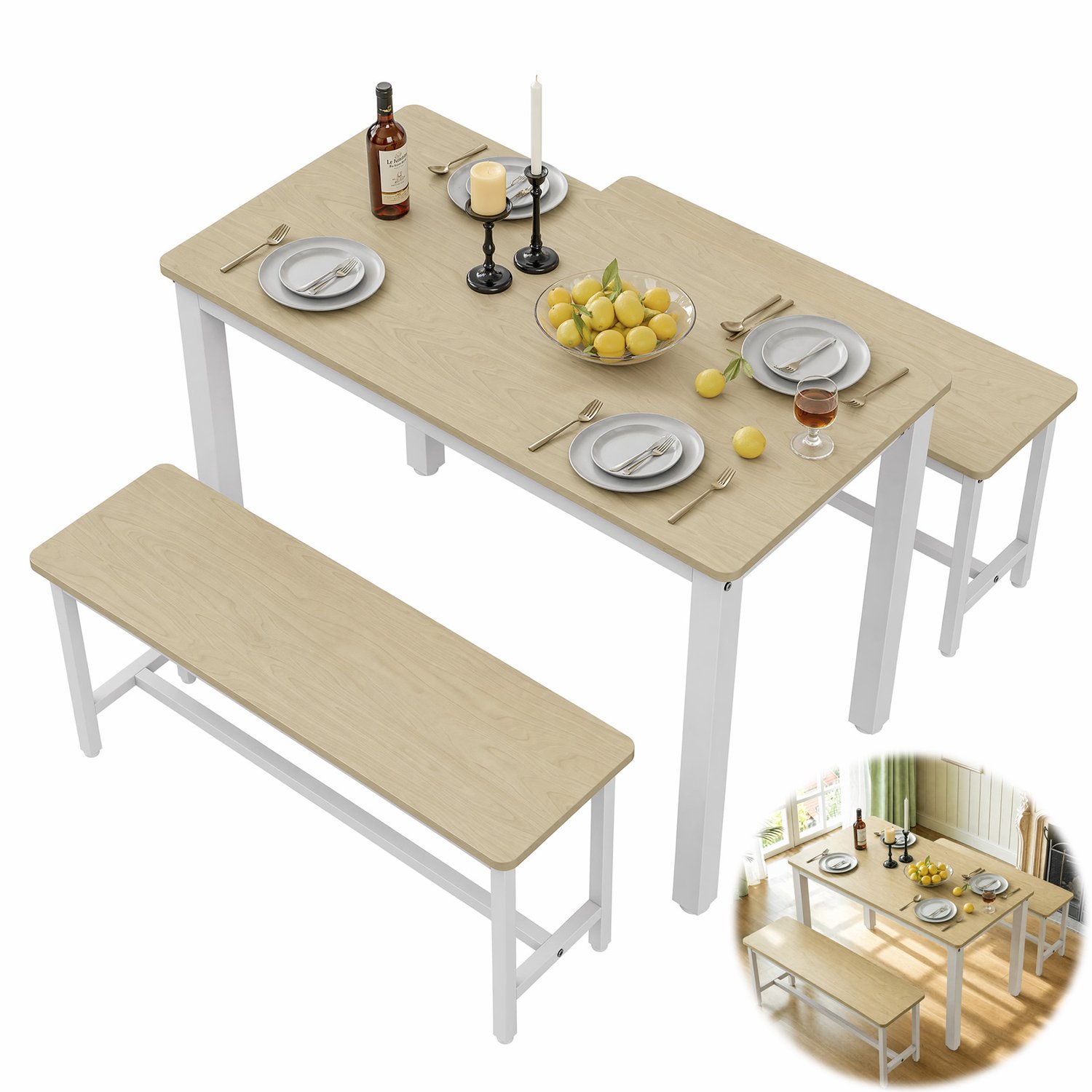 Eettafel - Eetkamertafel - Eettafel Set 3-Delig met 2 Eetkamerbanken - Scandinavisch Licht Hout & Wit Staal - Rechthoekige Eettafel voor 4 Personen - Ruimtebesparend & Multifunctioneel