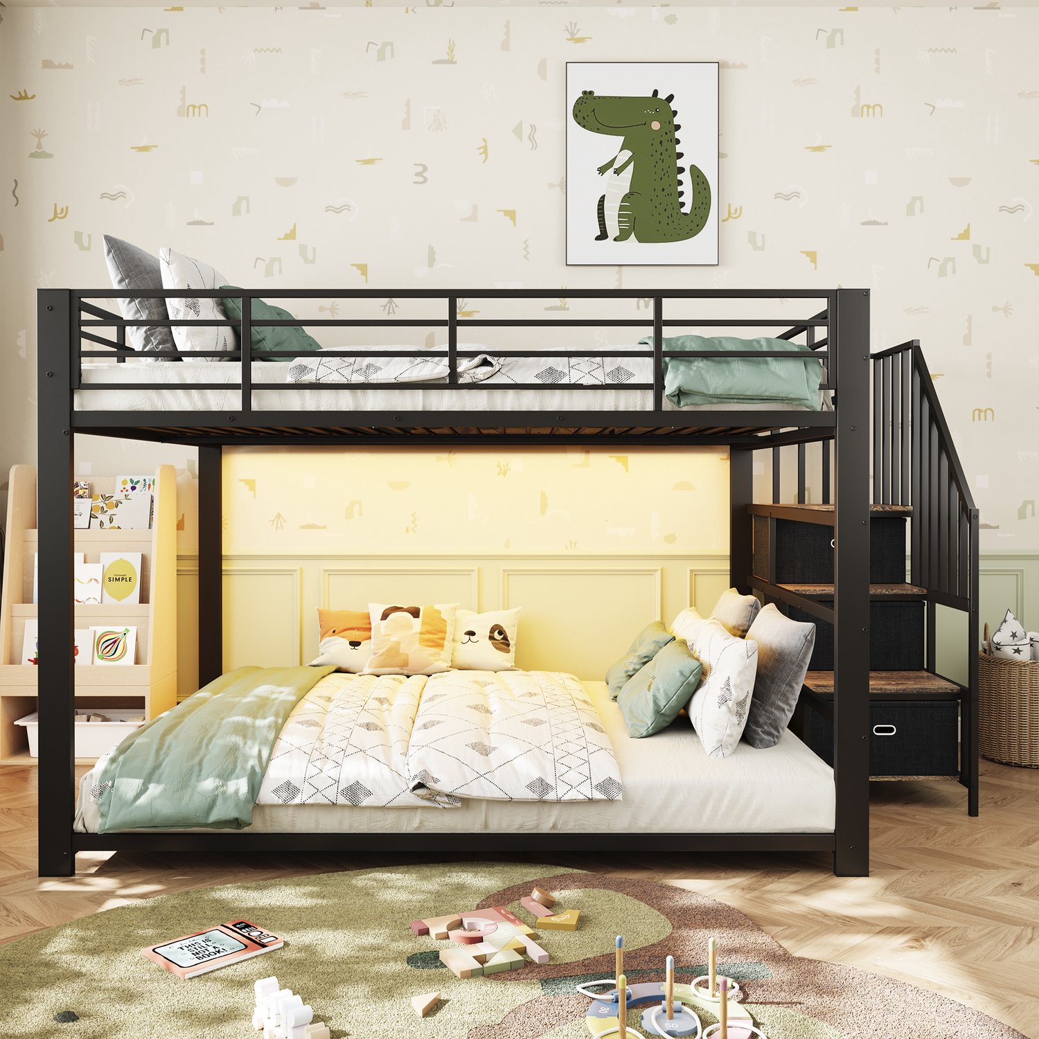 Zubaliya Stapelbed 140x200 cm Zwart, Metalen bed met Trap en Opbergruimte, LED Verlichting, USB en Stopcontact, Trap Links of Rechts Monteerbaar