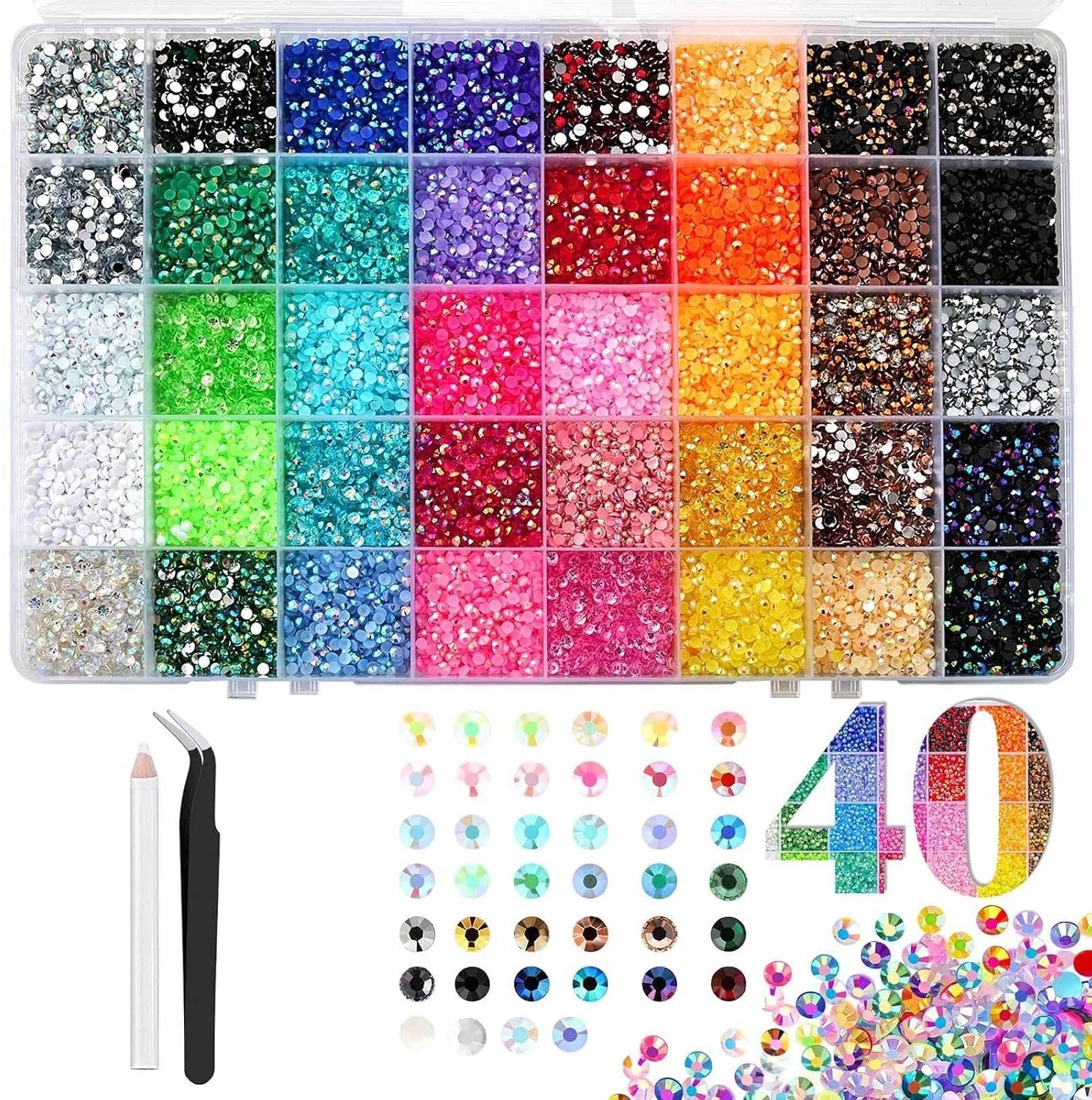 XXL Strass steentjes set - 32.000 stuks in 40 kleuren - Plaksteentjes - Glitterstentjes - Rhinestones - DIY kit hobbypakket - Nailart, knutselen, kleding - 3 mm strasssteentjes met pincet - Opbergdoos