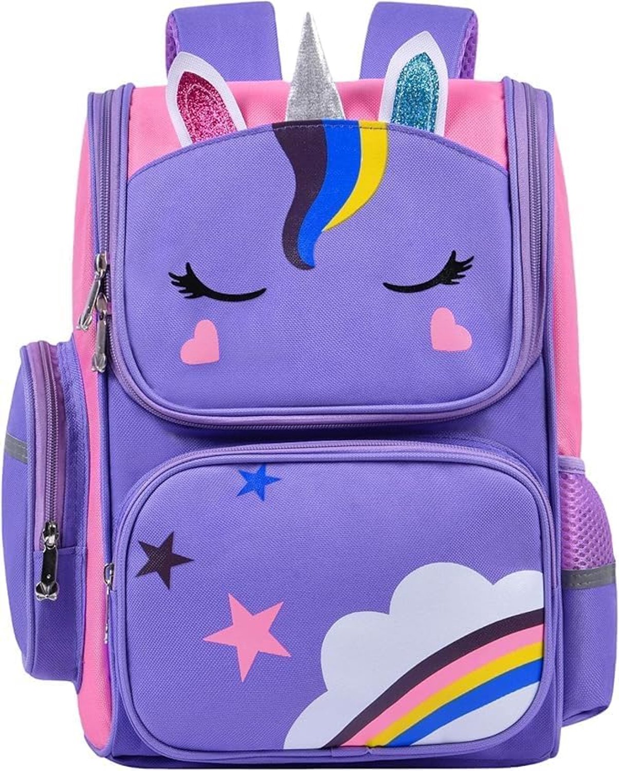 Schoolrugzak met eenhoorn - Kinderrugzak met zijvakken - Boekentas voor dagelijks gebruik - Rugtas met regenboogmotief - Verstelbare gevoerde schouderbanden - Polyester met dubbele ritssluiting - Paars/roze - 38 x 28 x 16 cm