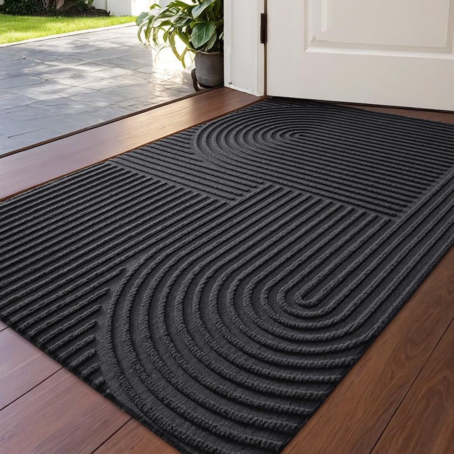 Deurmat voor binnen buiten - Vuilvangmat voor voordeur entree - Antislip mat voor hal - Wasbare mat met groeven - Polyester bovenkant rubber onderzijde - Geometrisch lijnen en bogen - Zwart - 45 x 75 cm
