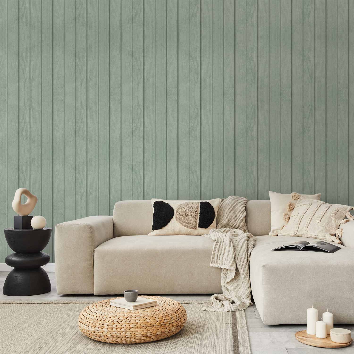 Behang - Delicate Wood - Vertical stripes in a pastel green shade.