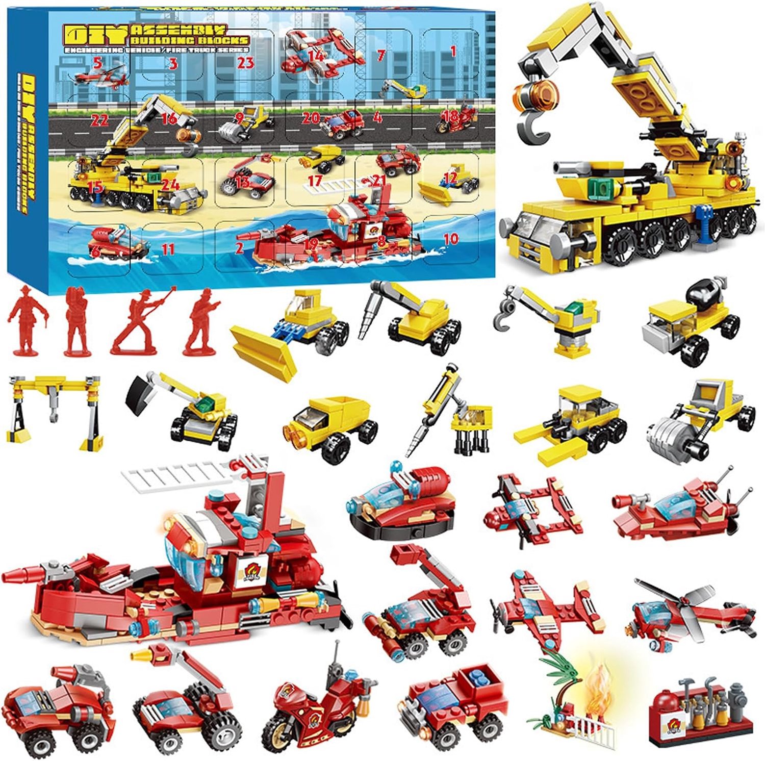 Adventskalender kinderen brandweer - Kerstkalender met bouwblokken - Bouwspeelgoed met voertuigen - Aftelkalender voor decemberdagen - Brandweerautos en bouwmachines - Vier attractieaccessoires inbegrepen - Rood met geel - Set van 24 stuks