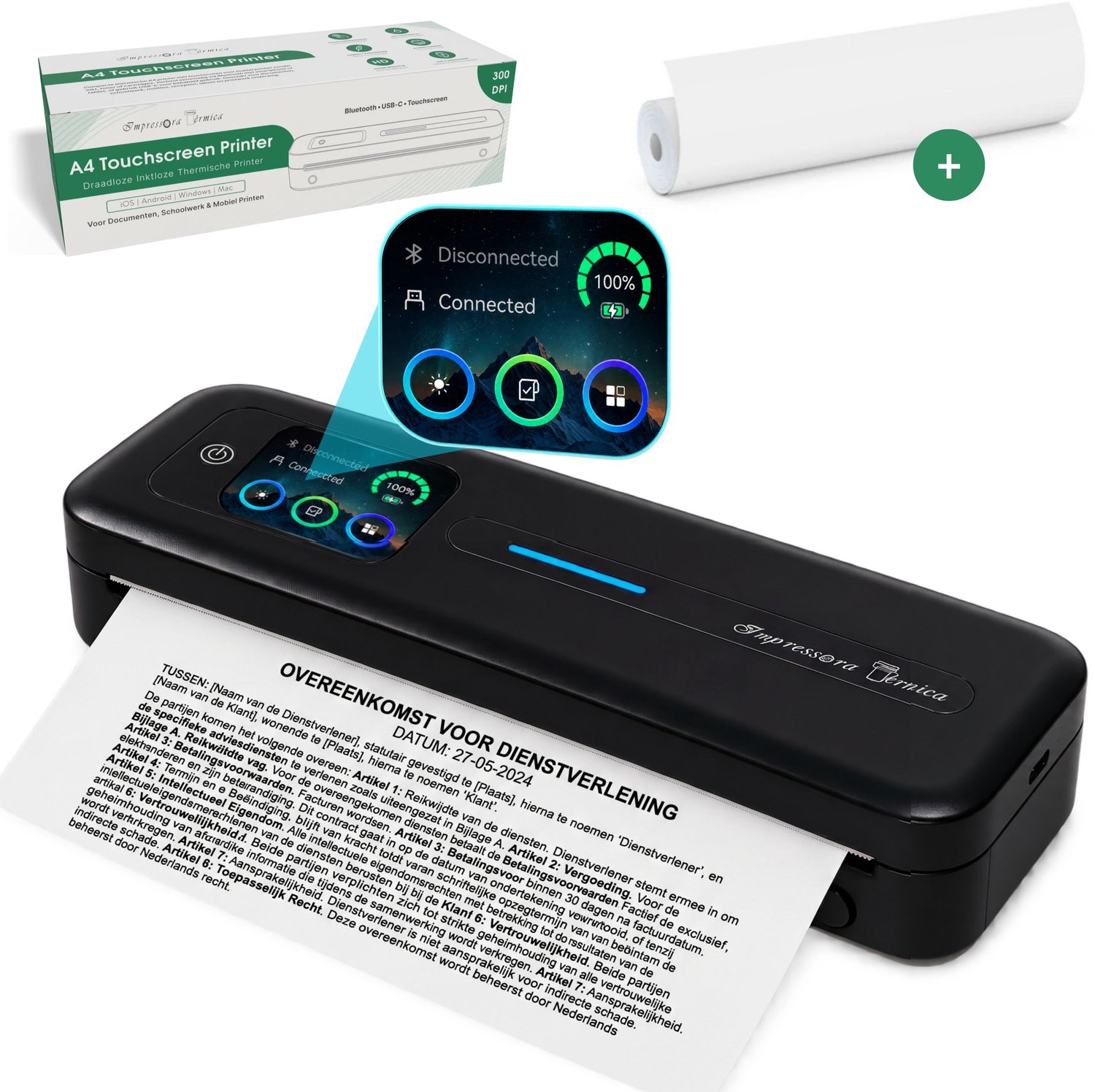 Impressora Térmica® - A4 Thermische Printer - Mini printer - Met Scherm - Direct Thermisch Printen - A4 Formaat 210 × 297 mm - Inktloos - 304 DPI Printresolutie - Bluetooth/USB - Geschikt voor Documenten en Labels - Zakelijk en Thuisgebruik