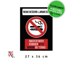 Pictogram/ metaal bord | "Nieuwe wetgeving 1 januari 2027 - Roken en vapen verboden OP en ROND het terras" | 27 x 36 cm | Voor België | Wetgeving | Stevig materiaal | Horeca | Café | Rookverbod | Buiten | Zwart | 1 stuk