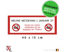 Pictogram/ metaal bord | "Nieuwe wetgeving 1 januari 2027 - Roken en vapen verboden OP en ROND het terras" | 40 x 15 cm | Voor België | Wetgeving | Stevig materiaal | Horeca | Café | Rookverbod | Buiten | Rood | 1 stuk