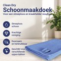 Blauwe microvezeldoek met 'Clean Dry' logo, ideaal voor een streeploos en krasvrij resultaat.