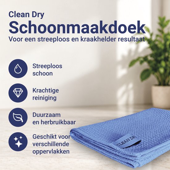 Blauwe microvezeldoek met 'Clean Dry' logo, ideaal voor een streeploos en krasvrij resultaat.