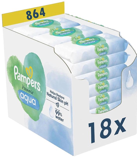Voordeelverpakking met 18 pakjes Pampers Harmonie Aqua billendoekjes met 99% water, 864 stuks totaal.