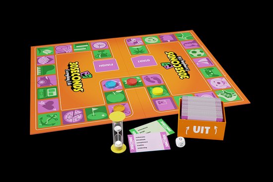 30 Seconds Everyday Life spelbord met pionnen, zandloper, kaarten en dobbelsteen op witte achtergrond.