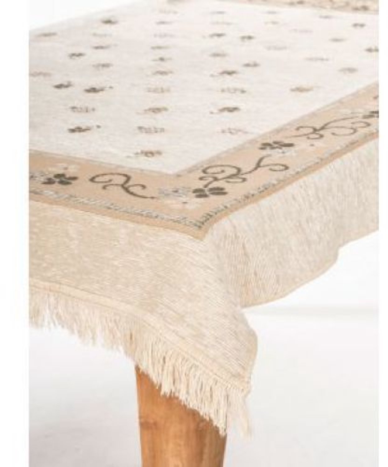 Handweef Tafelkleed Hortensia 5 - vierkant 125 x 125 cm - bloemen - beige - antraciet - chenille afgewerkt met franjes
