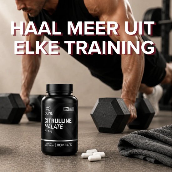 Pot Pure. Citrulline Malate met witte capsules op de grond voor een man die opdrukt, tekst over trainingsoptimalisatie.