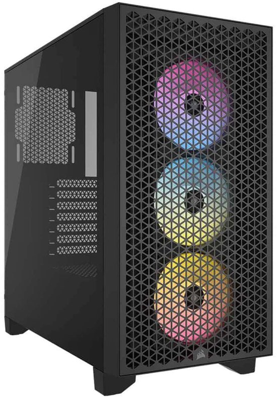 Zwarte PC-behuizing met een gaasfront en drie RGB-ventilatoren die van kleur veranderen.