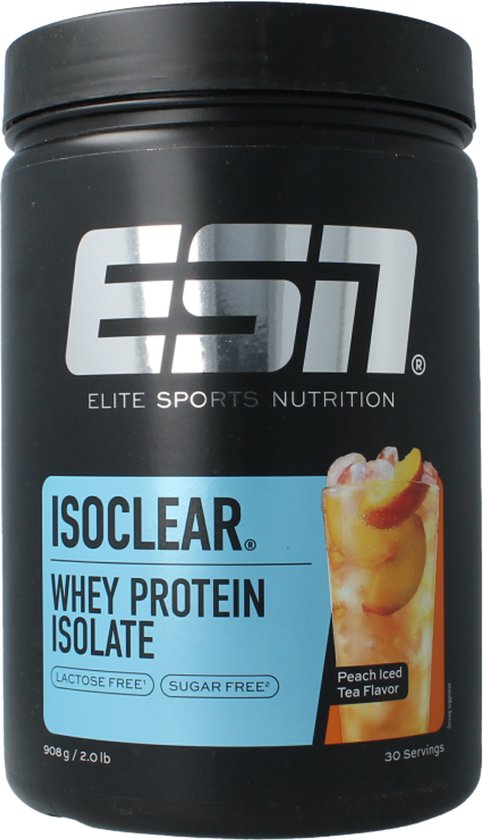 Zwarte pot ESN Isoclear Whey Protein Isolate met blauw label, perzik ijsthee smaak, 908g.