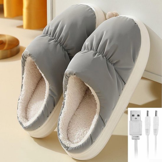 USB oplaadbare verwarmde slippers – Pluche materiaal – 45–50°C – Geschikt voor de winter en kantoor – Unisex – Grijs/Roze (Grijs) — cadeau in Gadgets - foto 4