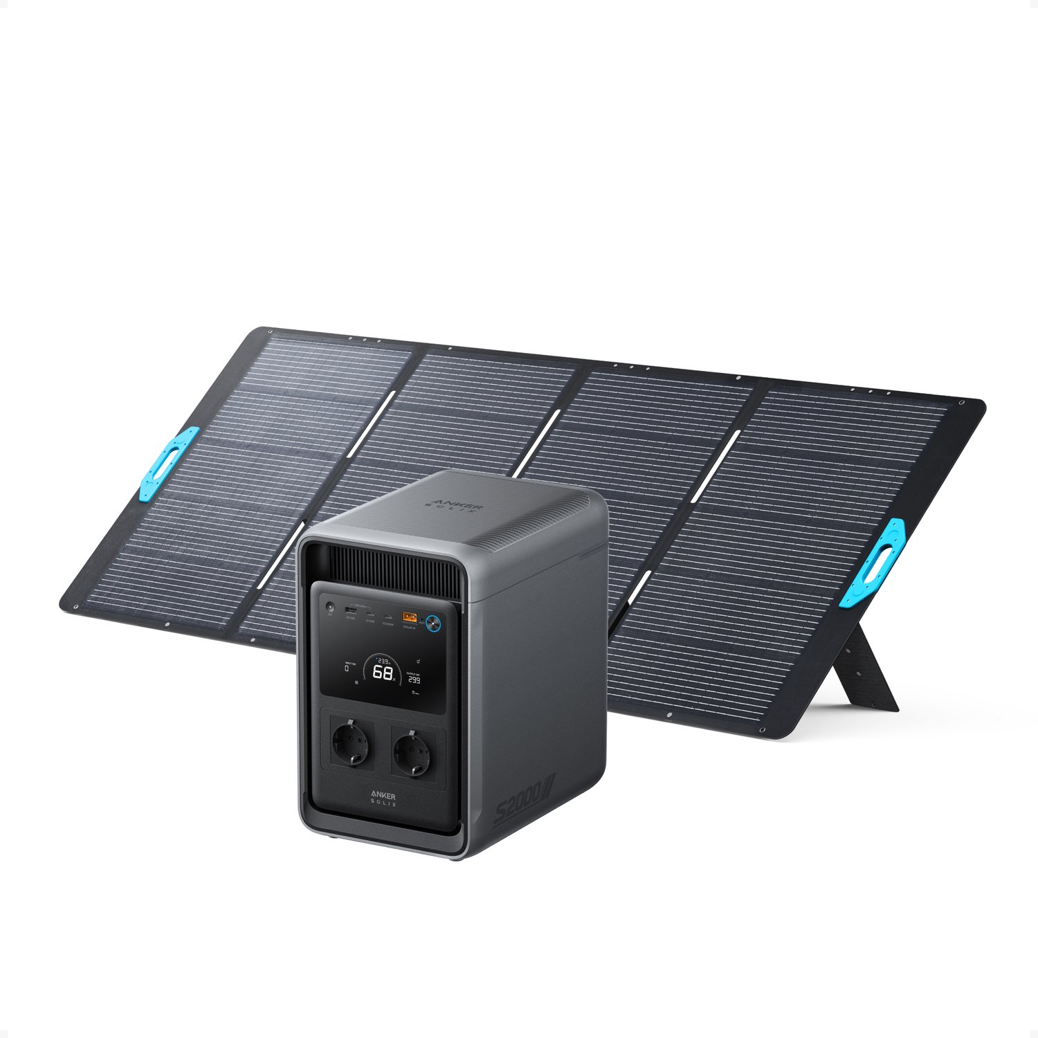 Anker SOLIX S2000 draagbaar powerstation met 400W zonnepaneel - Zonnegenerator met 2010Wh LiFePO4-batterij - 1500W continu vermogen - 3000W piekvermogen - UPS <10ms en 400W zonnepaneel