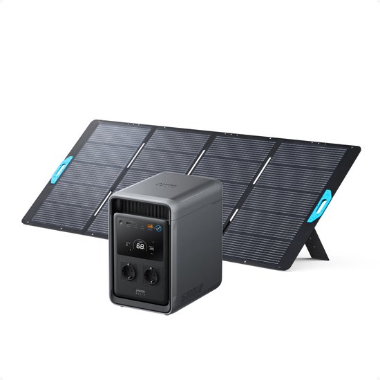 Grijze Anker SOLIX S2000 powerstation met opvouwbaar zonnepaneel met blauwe handvatten op een witte achtergrond.
