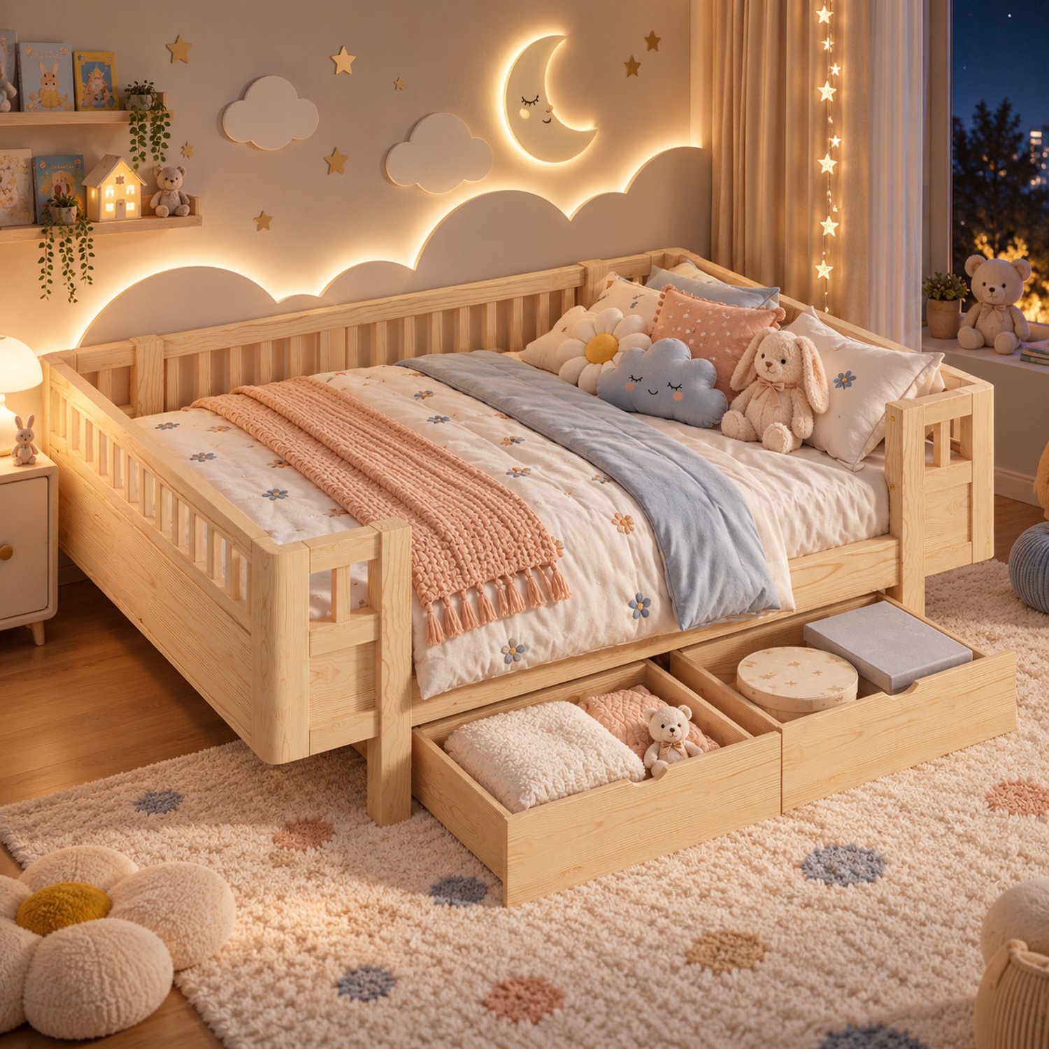 Welltin Kinderbed 140x200 cm - Tweepersoonsbed - Vloerbed - Multifunctioneel bed - Massief houten bedframe - Met veiligheidsleuning - Met lades - Natuurlijke houttint
