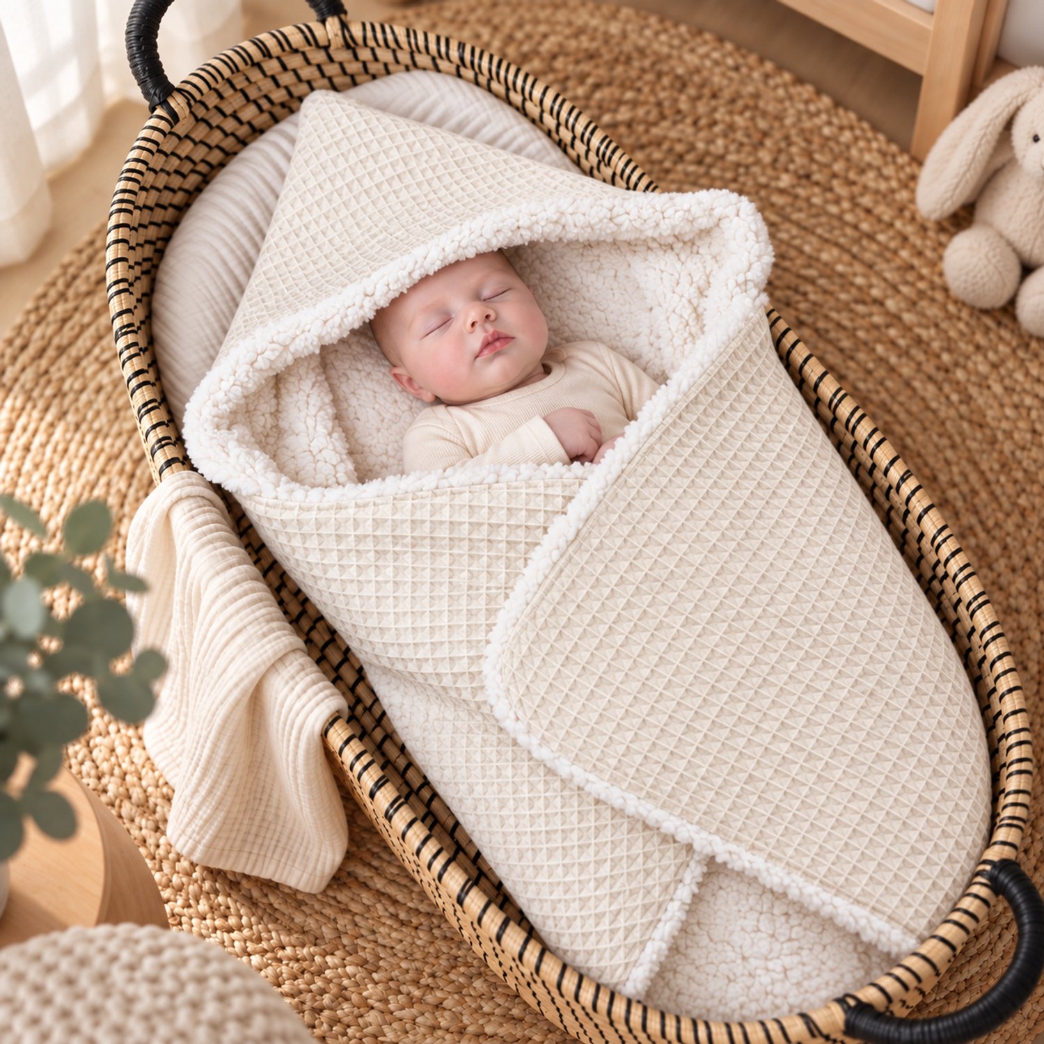 Baby Creaties - Wikkeldeken baby - Beige teddy - Badcape met capuchon