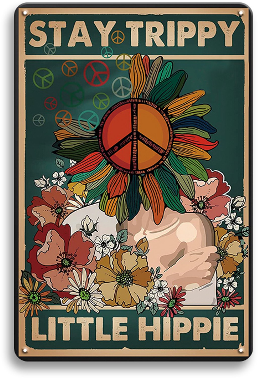 Stay Trippy Little Hippie Wandbord 30x20cm – Hippie Tekstbord – Vintage Retro Wanddecoratie – Slaapkamer Woonkamer Mancave