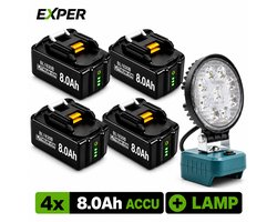 EXPER - 18V Accu geschikt voor Makita - 4 Stuks - Extra Groot 8.0Ah - BL1880B - 18V 8.0Ah Batterij - Vervangende Accu - Makita 18V - 8000mAh - LED display - Li-ion Accu - Accuboormachine - 18V BL1830B BL1840B BL1850B BL1860B + Accu Led Bouwlamp