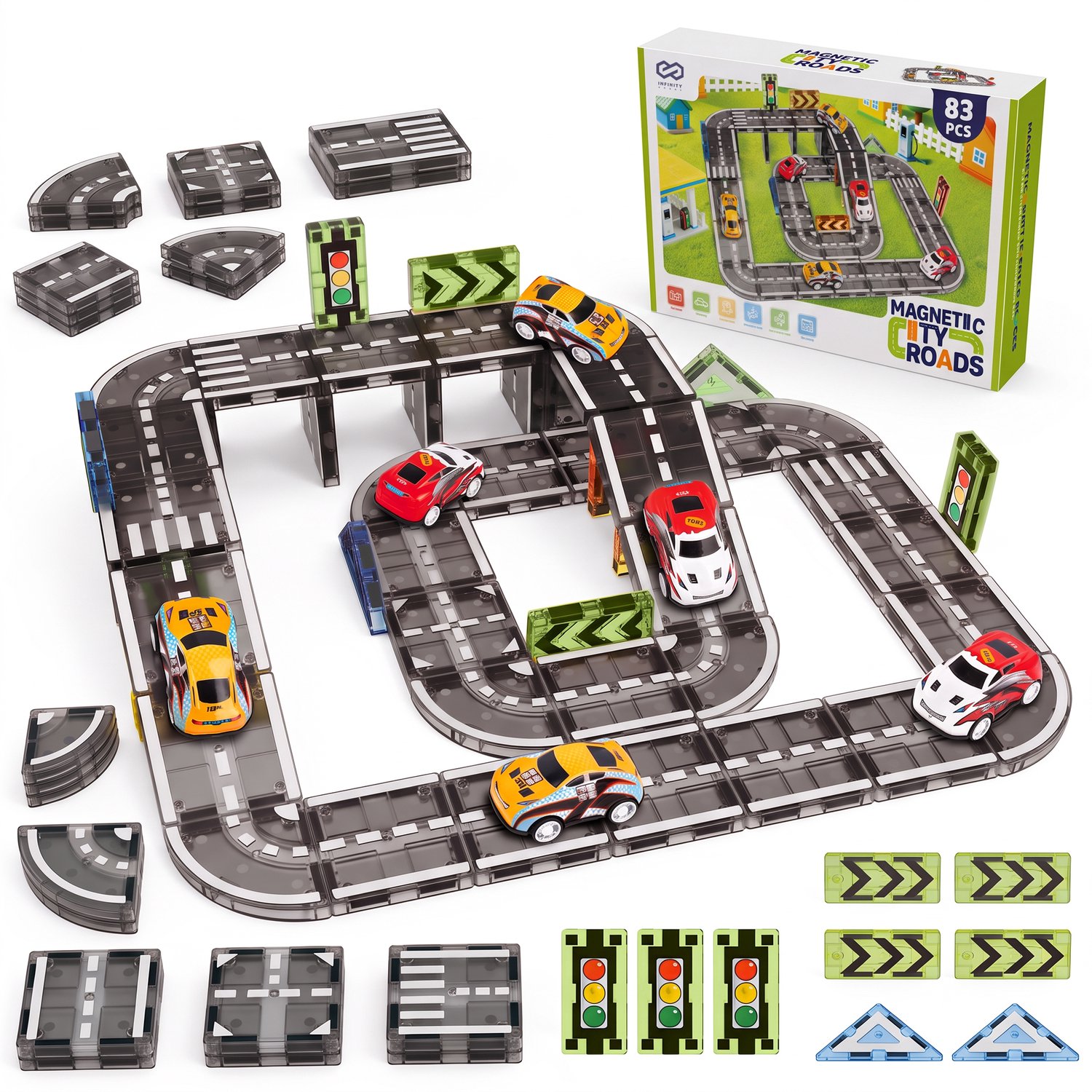 Infinity Goods Magnetic Tiles - 83 Stuks - Auto’s & Racebaan - Magnetisch Speelgoed - Magnetische Tegels - Montessori Kinderspeelgoed - Magna Speelgoed - 3-12 Jaar